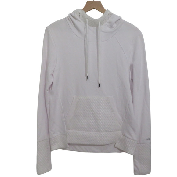 ALO Yoga Womens X Small White Eclipse Mesh Trimmed Hooded Sweatshirt Thumbholes - Picture 1 of 9